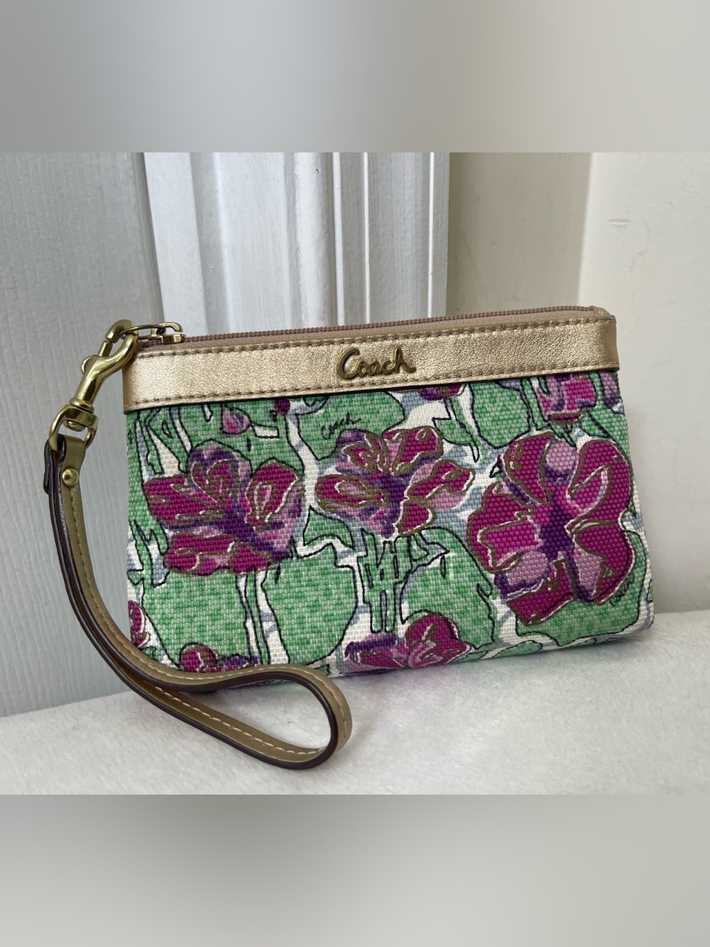 Coach Ashley Iris Pink Floral Canvas Wristlet with Gold Trim - Picture 8 of 10